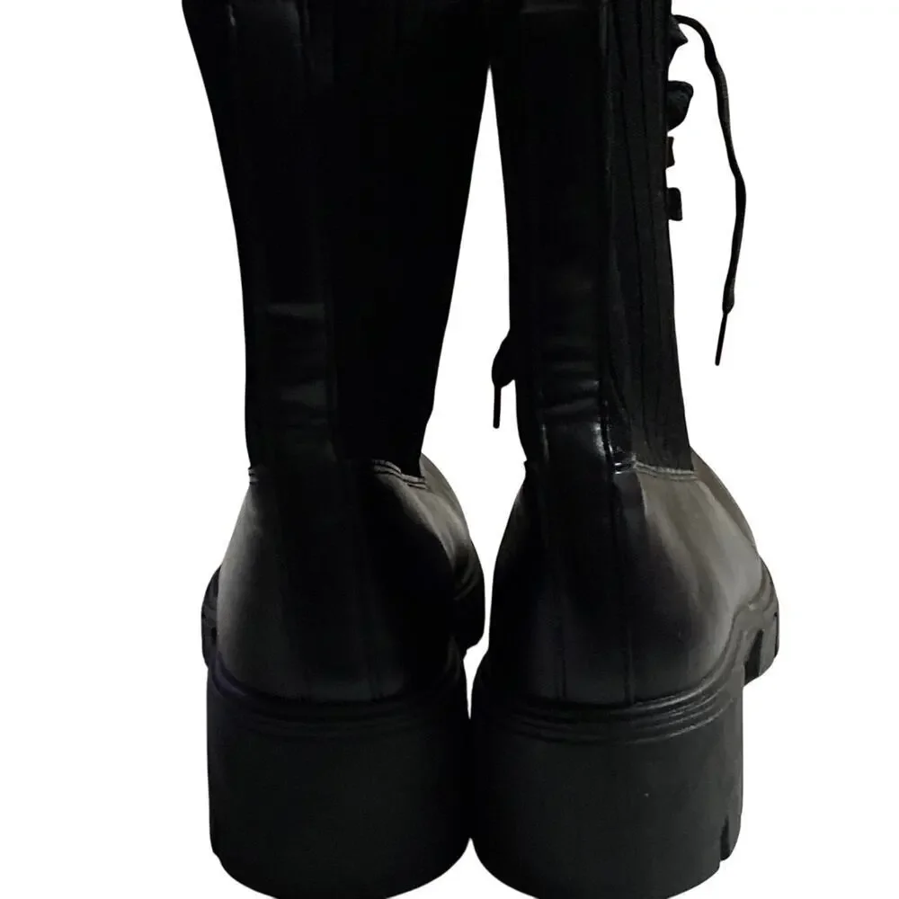 TOP MODA WO SIZE 10 MOTO CHUNKY HEEL BOOTS‎  LACEUP BLACK FAUX LEATHER CLEAN EUC